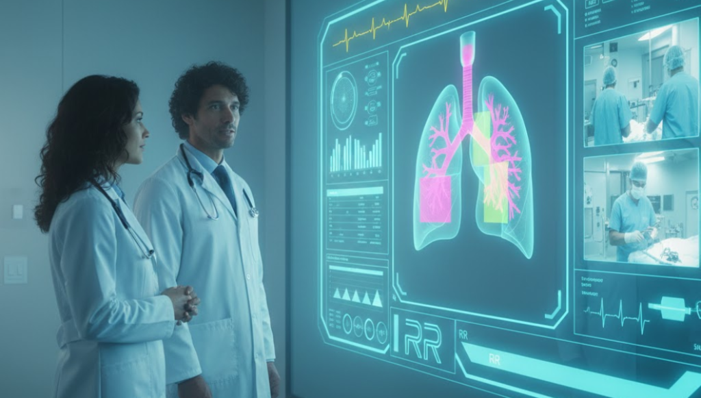 doctors monitoring patients via large monitor